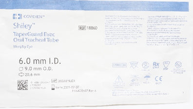 Covidien 18860 Shiley TaperGuard Evac Oral Tracheal Tube 6.0IDx9.0ODx20.6mm (x)